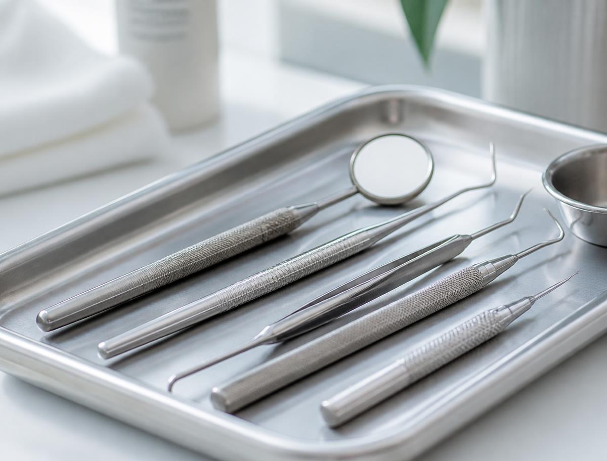Sterilised dental instruments prepared on a tray